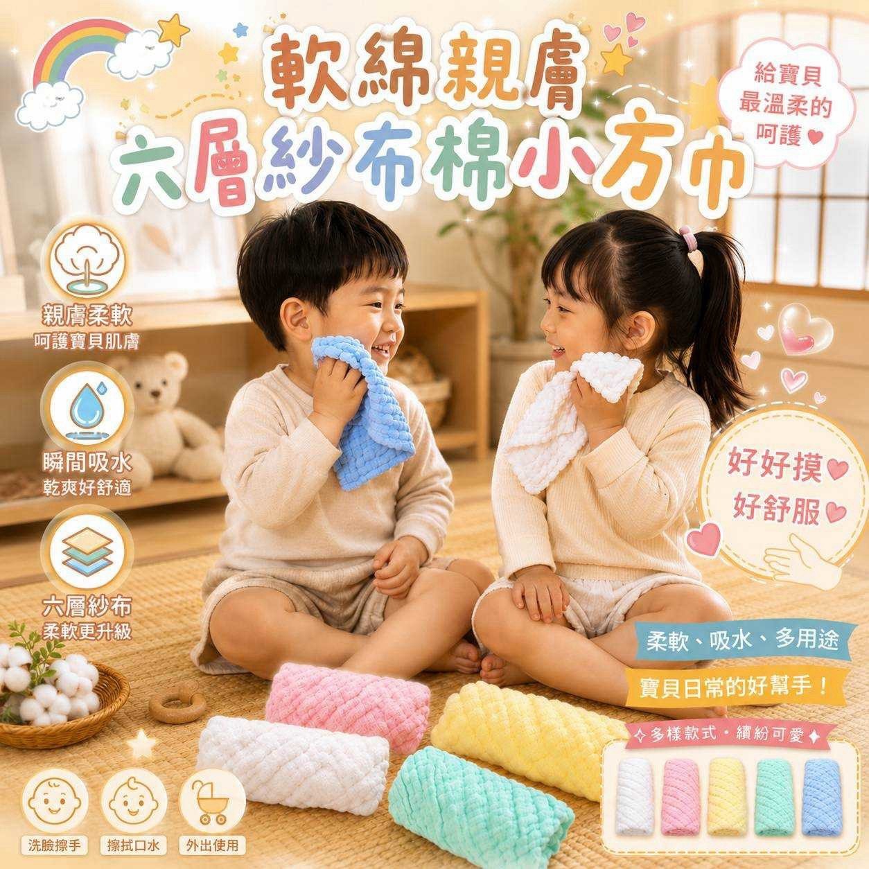 P-軟綿親膚 六層紗布棉小方巾 (5入/包)